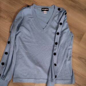 Karl Lagerfeld Light Blue V-Neck Sweater with Black Button Accents